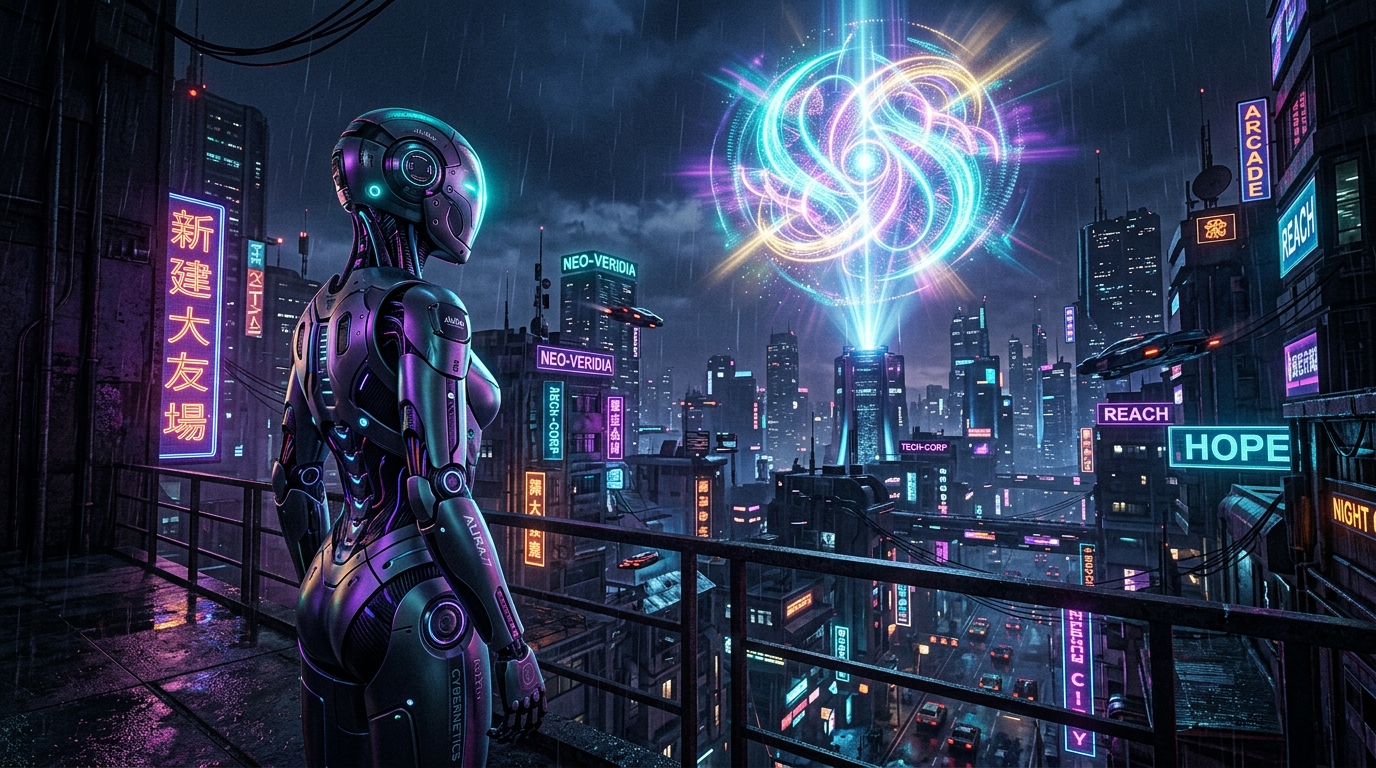 A sleek synthetic robot in a neon cyber-city looking at a glowing beacon of hope